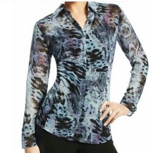 Cabi blue python print sheer button down blouse XL